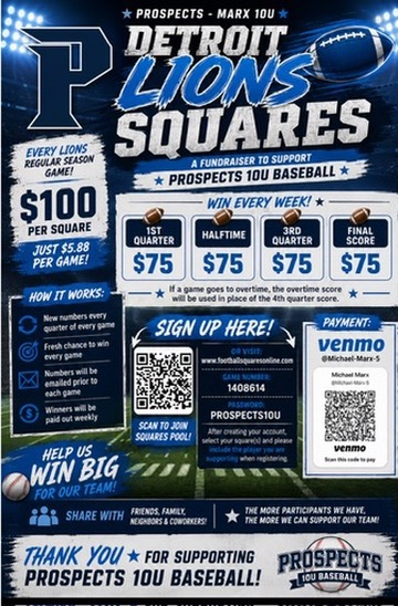 Detroit Lions Squares fundraiser flyer